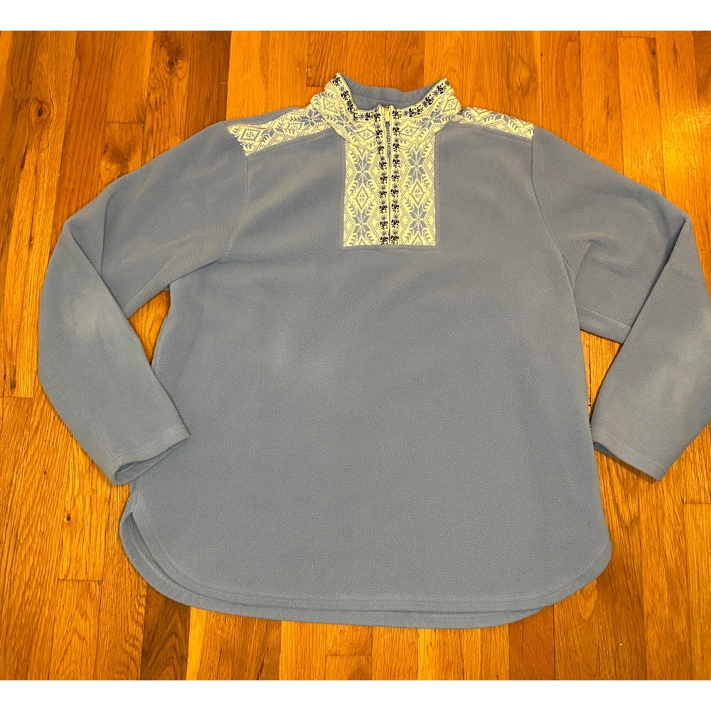 LL Bean Womens XL Fleece Quarter Zip Pullover Blue Fair Isle Snowflake OPA56